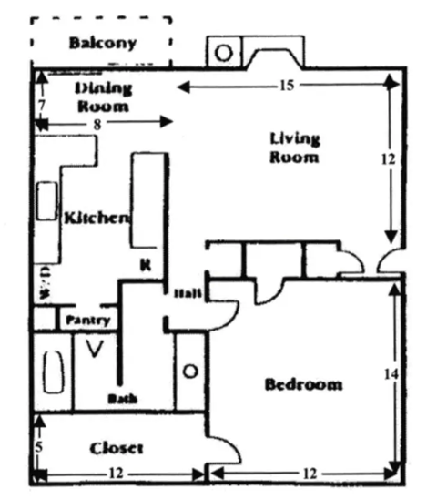 Floor plan for 1 bed, 1 bath, 750 sqft
